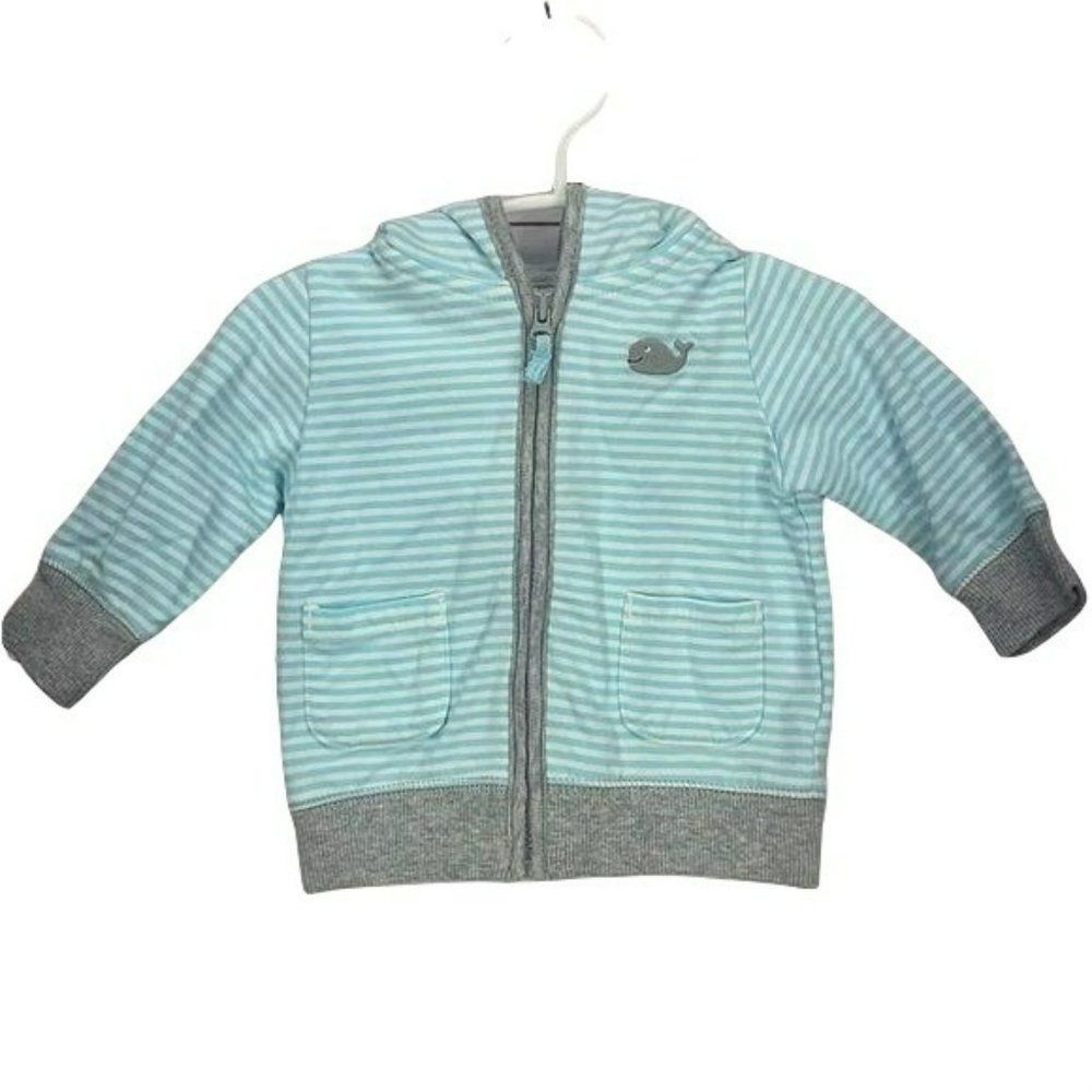 Carter’s Jacket Boys Teal Striped‎ Whale Hooded Coat Size 3 Months